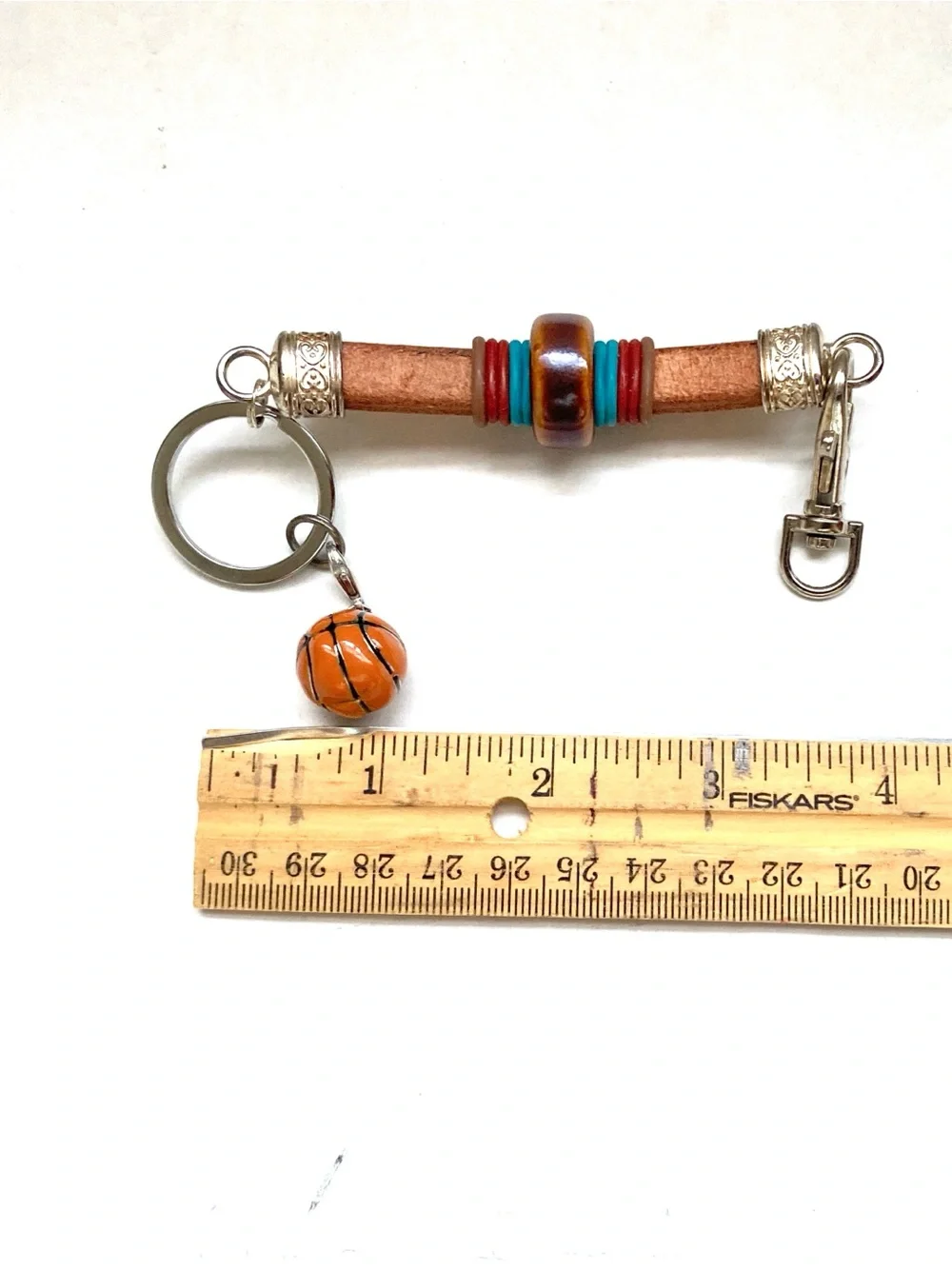 Leather Bead Keychain with Orange Basketball Charm